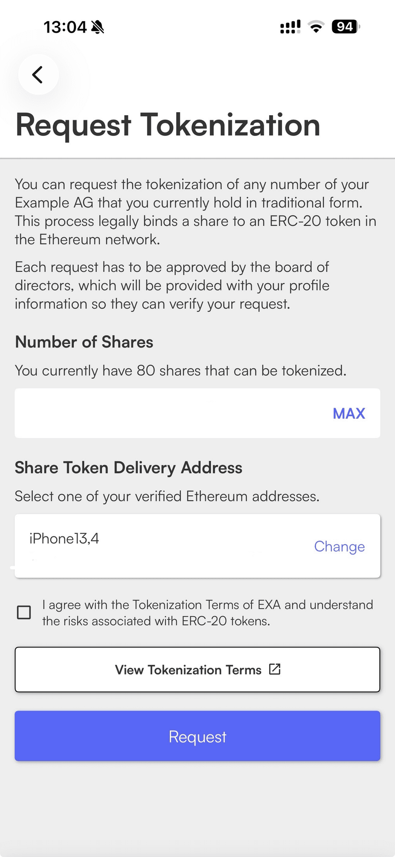 Aktionariat Portfolio App interface showing the tokenization request feature